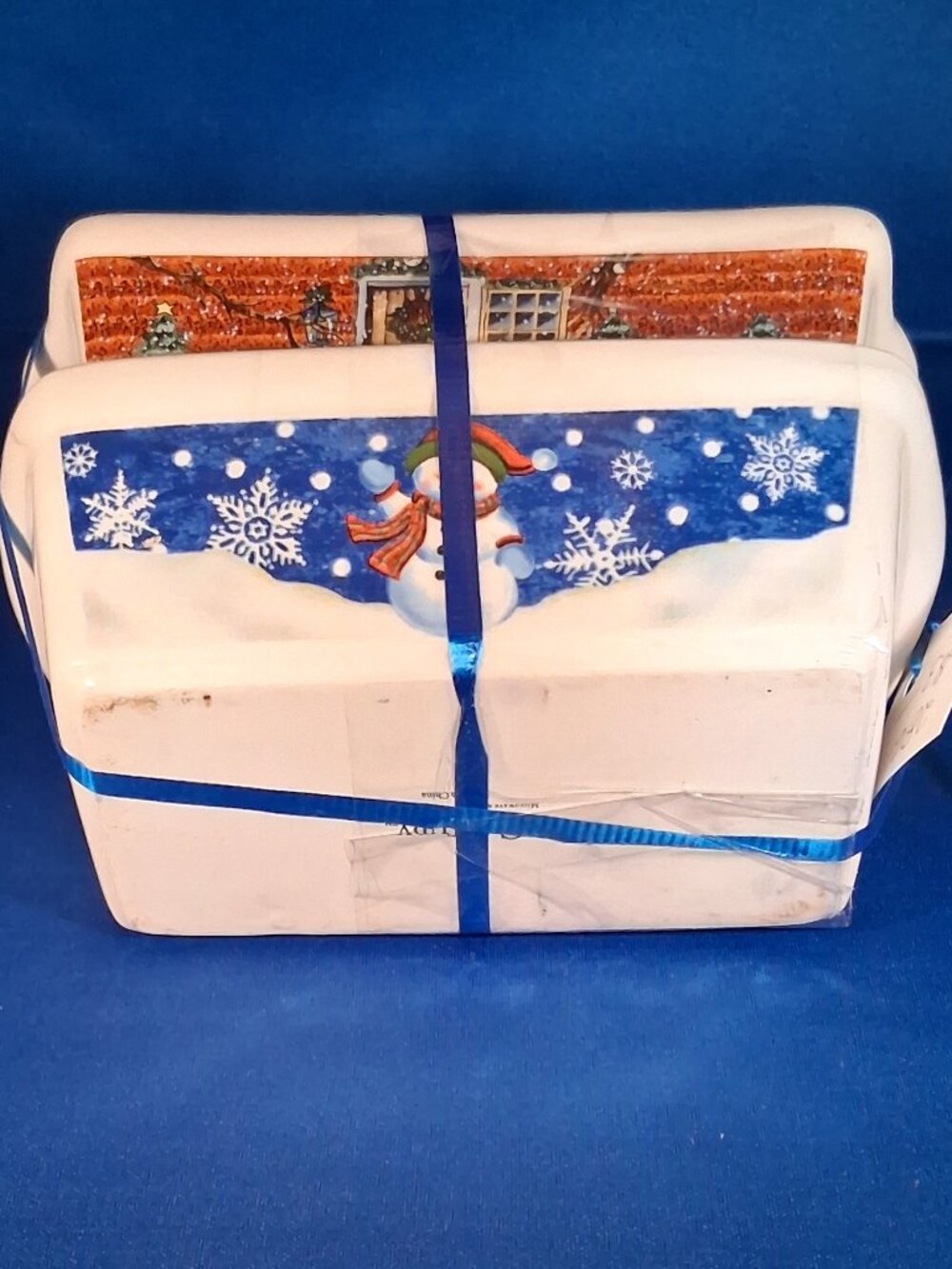Century Ceramic Loaf Pan Baking Dishes Set of 2 • Christmas Snowman Winter Cabin - Picture 6 of 7